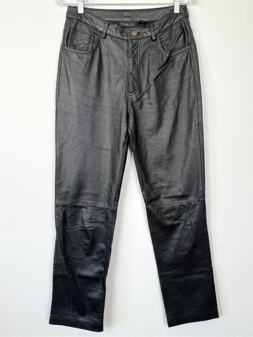 Vintage Express Size 7/8 Genuine Leather Black Straight Leg Pants